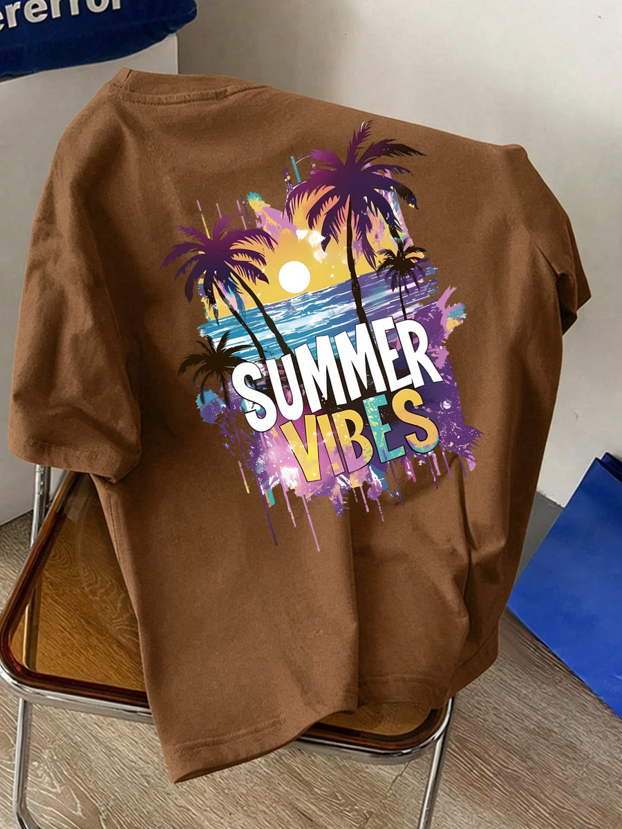 Men's New Pure Cotton Crew Neck Short Sleeve T-Shirt with Summer Vibe Palm Tree Sunset Print, Suitable for Vacation, Leisure, Comfortable, Soft, Breathable, Summer Essential - Coffee Brown