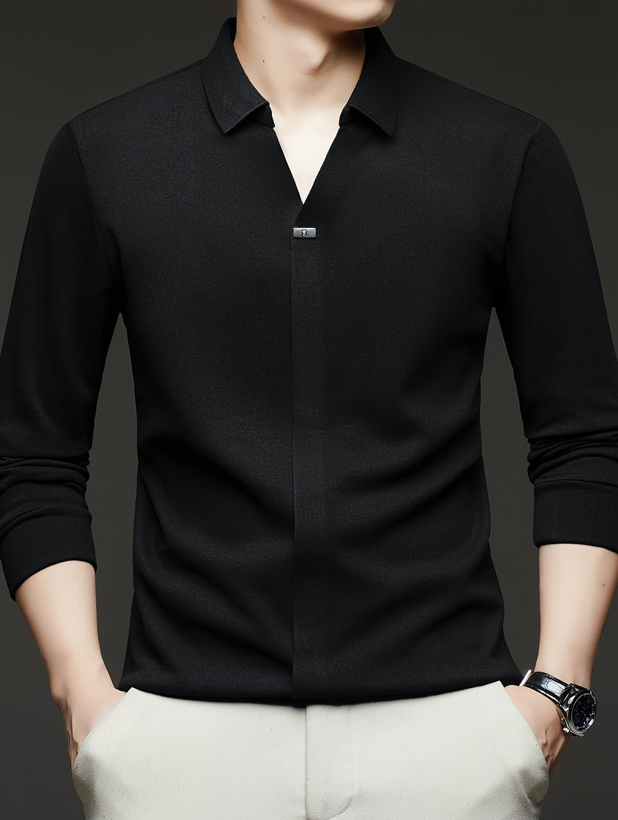 [High-End Fashion] Men'S Plus Size Polo Shirt Spring/Autumn Style French Scissor Collar Business Casual Trendy Long Sleeve T-Shirt, Suitable for Various Occasions MD967 - Black