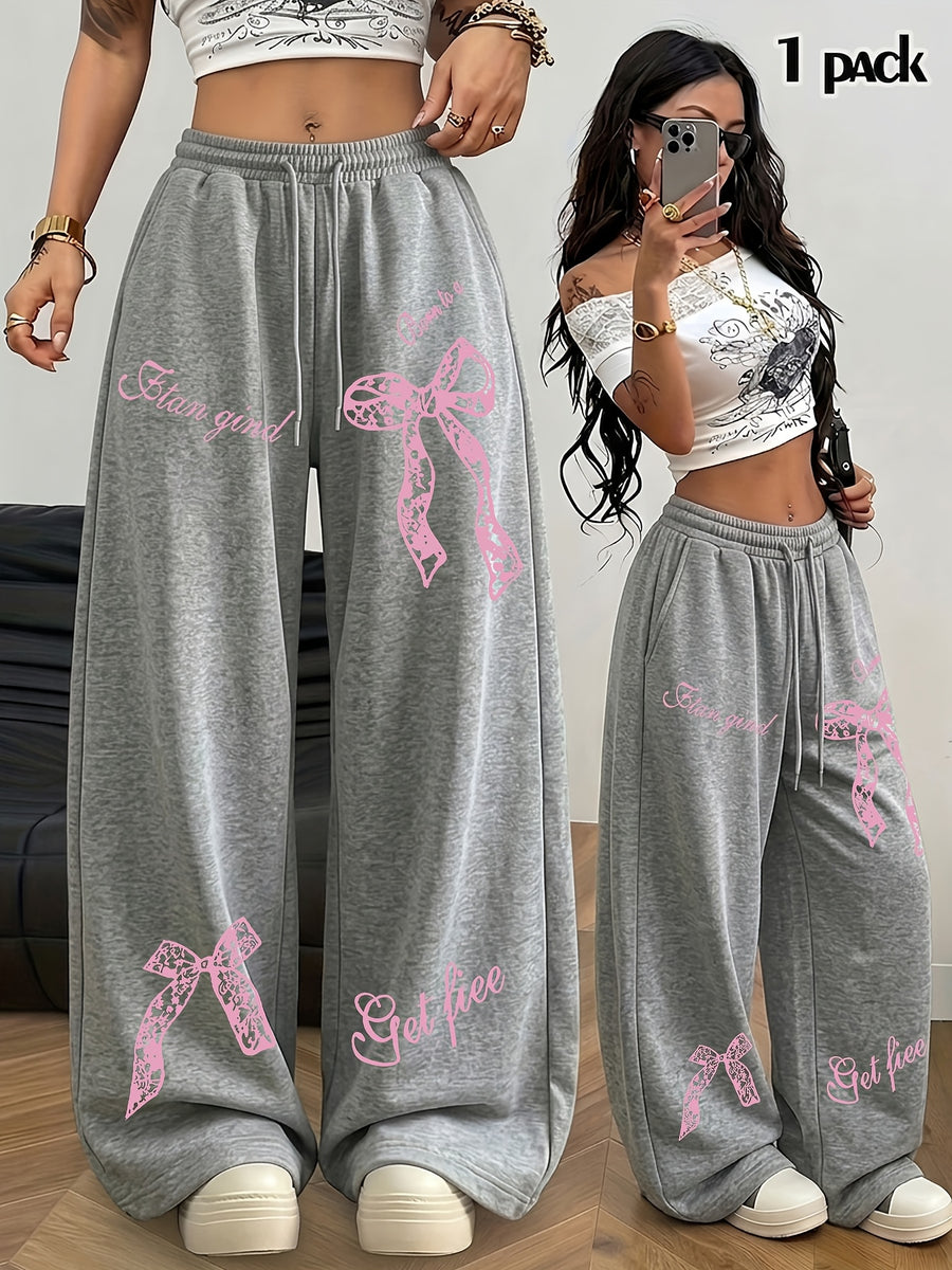 Sweet and Cool Bow Print with Letter Pattern, Women's Casual Y Straight-Leg Pants, Elastic Waist with Drawstring Wide-Leg Long Pants, All-Season Women's Trousers - Light Grey