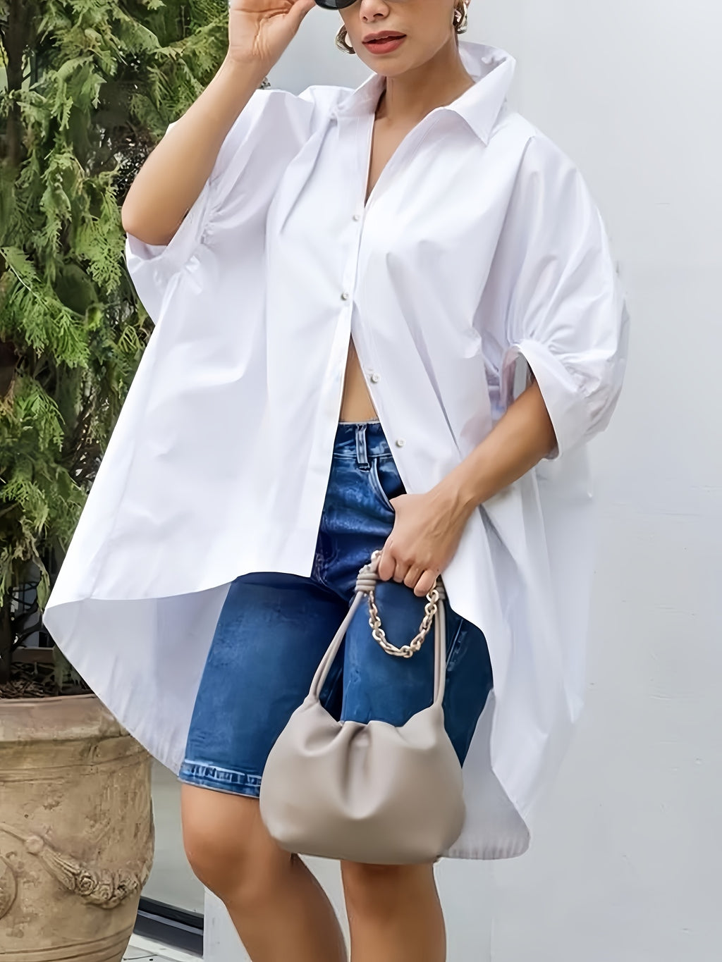 Women's Loose Irregular Design Shirt, Casual and Elegant Oversized Women's Clothing, Versatile Casual Attire, Holiday Short Sleeve Blouse, Relaxed Fit - Milky