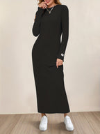 New Women's Round Neck Pullover Long Dress, Suitable for Home Wear, Outerwear, or as a Base Layer, Long Sleeve, Slim Fit, Loose Fit, A-Line, Solid Color, Ribbed, Relaxed Style Long Dress - Black