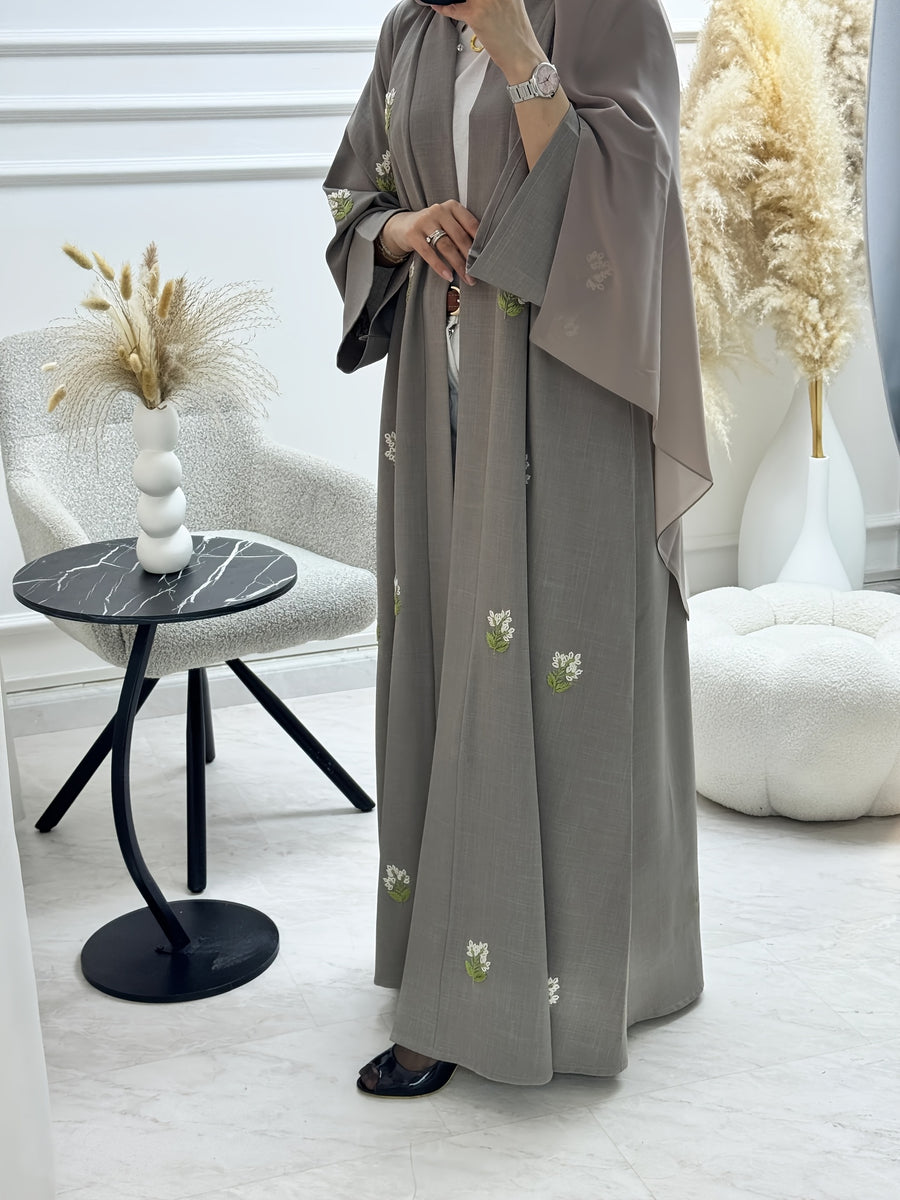 Middle Eastern Ramadan Open-Floral Embroidery Elegant Women's Outerwear, Daily Outing Casual Loose Robe Abaya - Grey