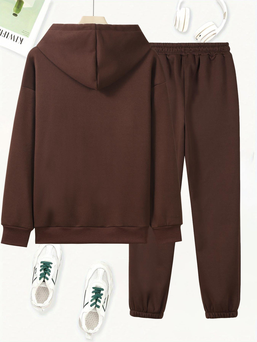 Butterfly Heart Print Hoodie And Pants Set, Casual Long Sleeve Hoodie And Jogger Set, Women'S Hooded Pocket Outfit - Coffee Color