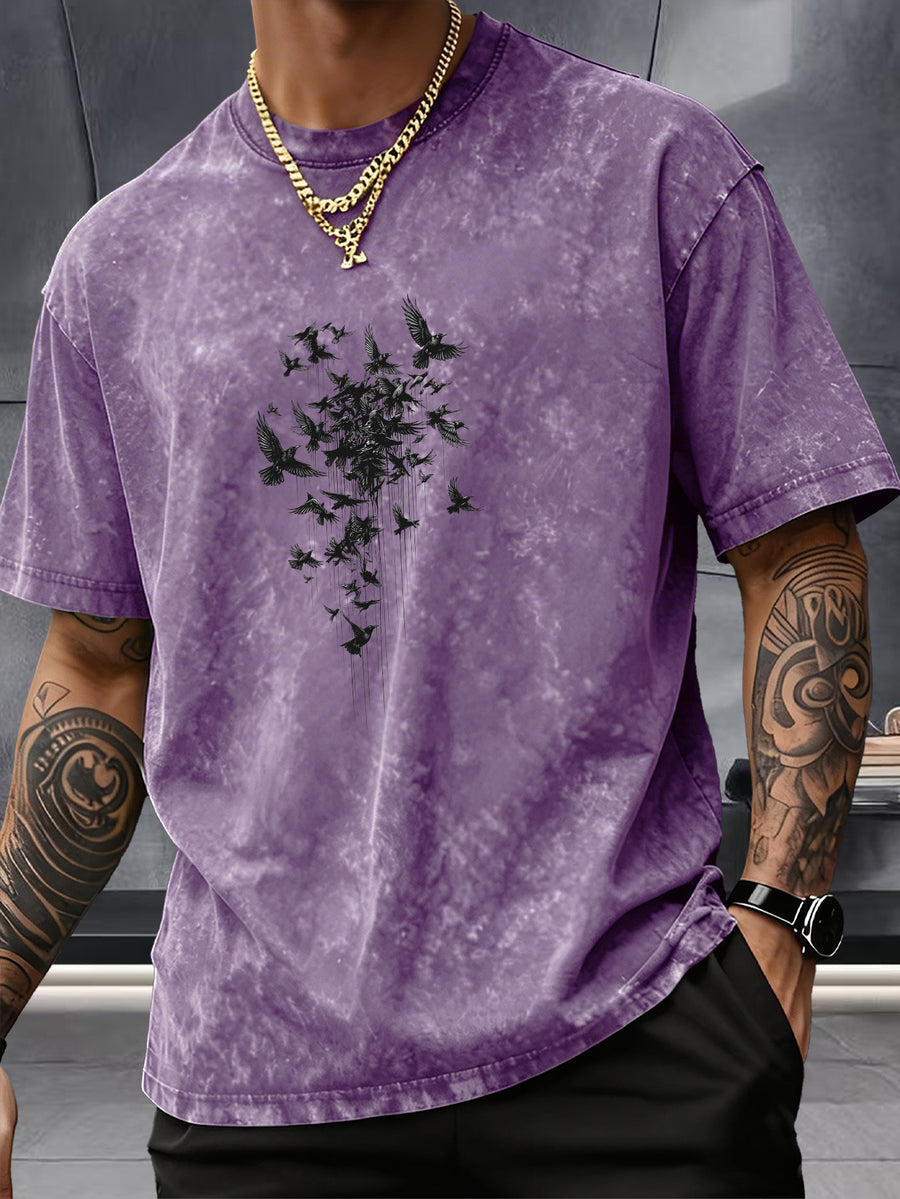Short Sleeve Top, Pure Washed Distressed Loose Short Sleeve, Raven Flying Bird Front And Back Trendy Print Casual Match, American Street High Street Hip-Hop Couple Style, Daily Outing Commute Sports Fitness Street Style Y2K National Trend T-Shirt - Purple
