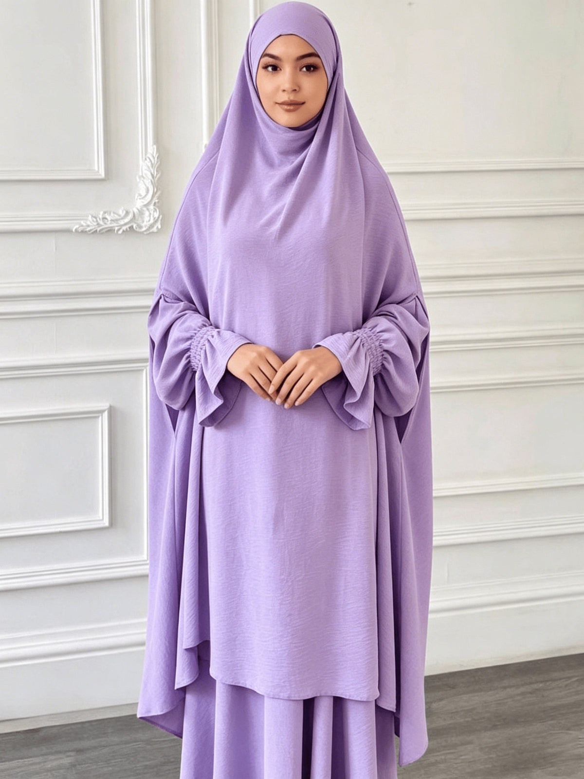 Abaya Middle Eastern Islamic Clothing Loose Comfortable Robe Headscarf with Long Sleeve Dress Two-Piece Set P403 - Violet