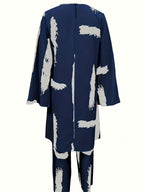 Women'S Elegant Shirt Wide-Leg Pants Set, with Beaded Necklace, Long-Sleeved Design, Loose Trouser Legs, Suitable for Formal Occasions, Suitable for All 4 Seasons, Formal Wear, Elegant Abaya, Fiber Fabric - Blue Stripes