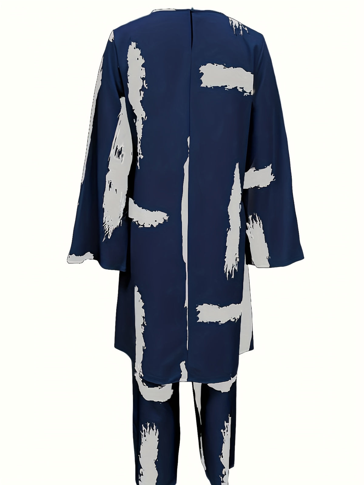 Women'S Elegant Shirt Wide-Leg Pants Set, with Beaded Necklace, Long-Sleeved Design, Loose Trouser Legs, Suitable for Formal Occasions, Suitable for All 4 Seasons, Formal Wear, Elegant Abaya, Fiber Fabric - Blue Stripes