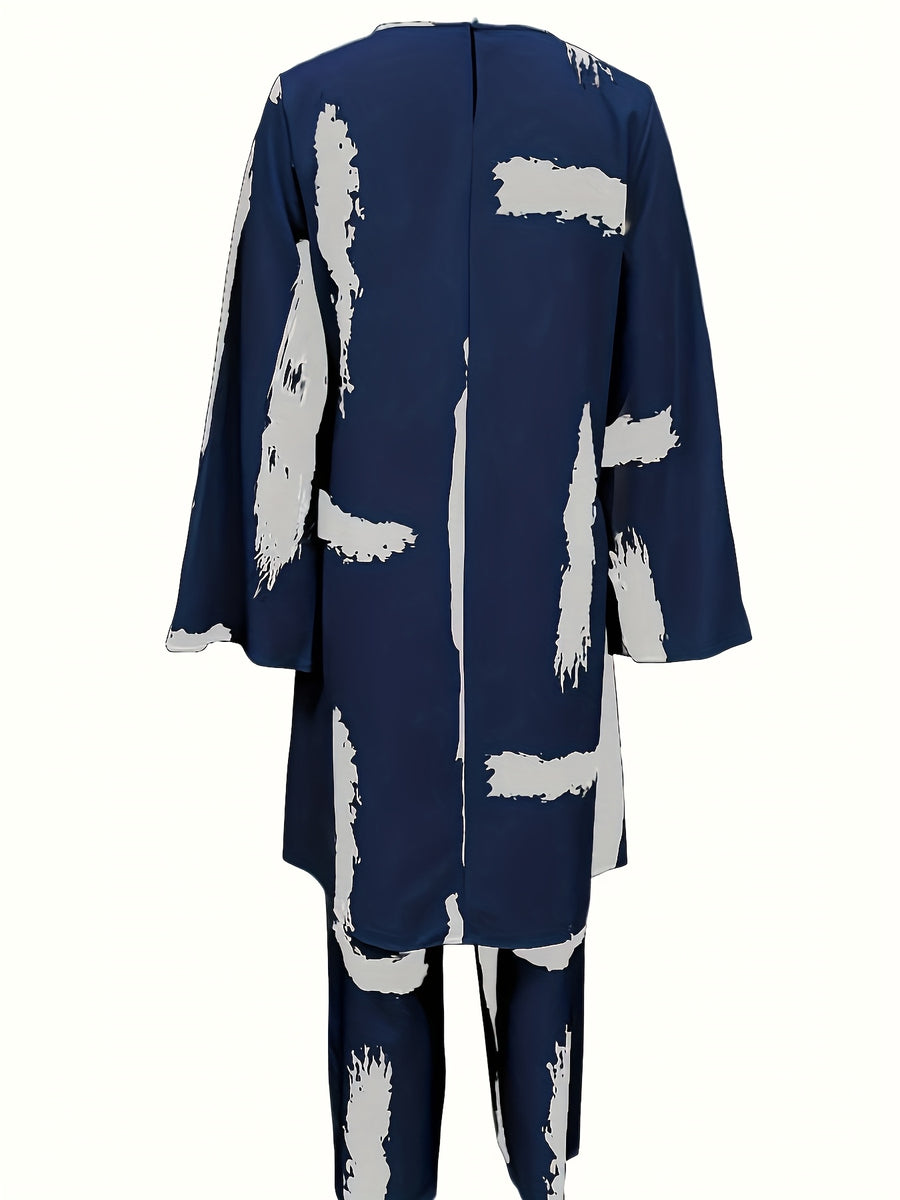 Women'S Elegant Shirt Wide-Leg Pants Set, with Beaded Necklace, Long-Sleeved Design, Loose Trouser Legs, Suitable for Formal Occasions, Suitable for All 4 Seasons, Formal Wear, Elegant Abaya, Fiber Fabric - Blue Stripes