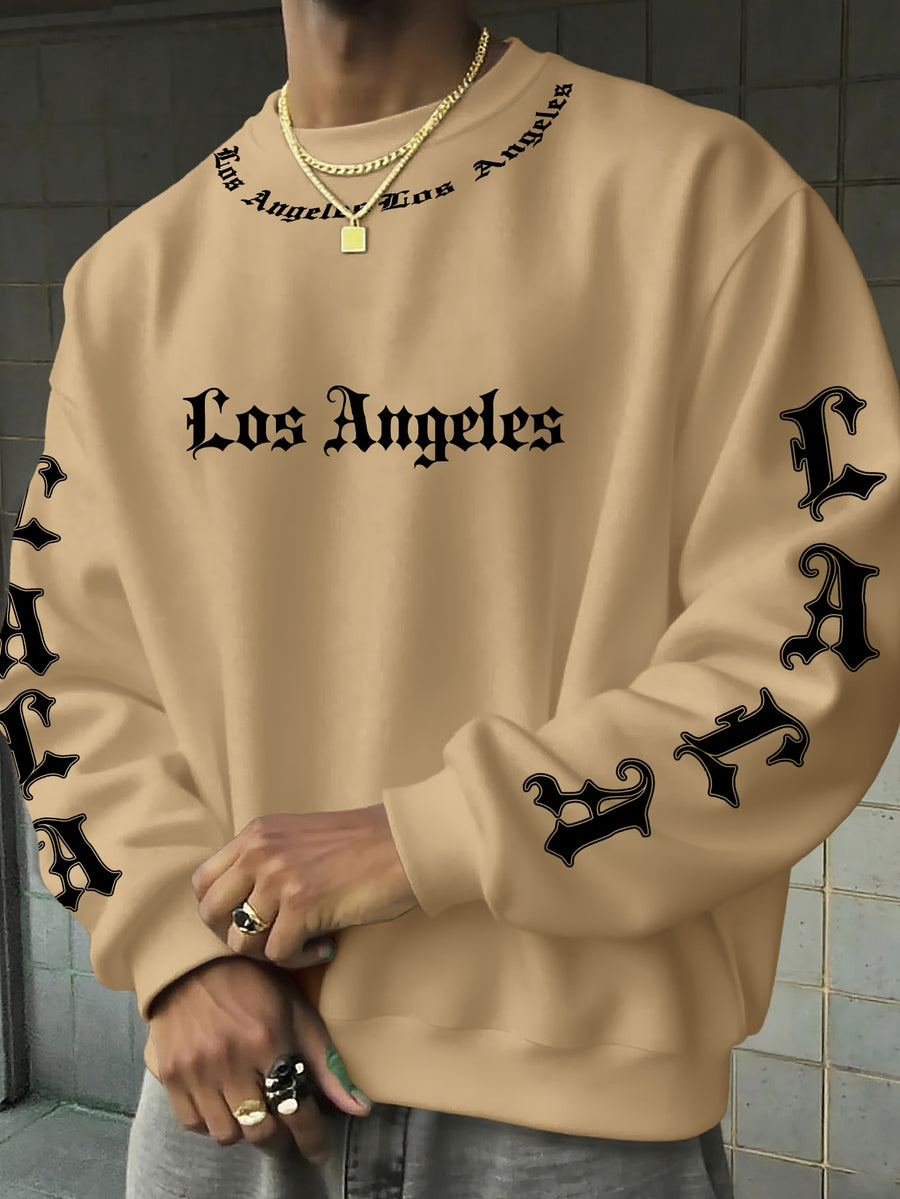 Los Angeles LA All-Over Print Gothic Crewneck Sweatshirt" – A Street-style City-inspired Top! A Must-have for Los Angeles Culture Enthusiasts, Perfect for Trendy Outings and Urban-themed Social Events - Khaki