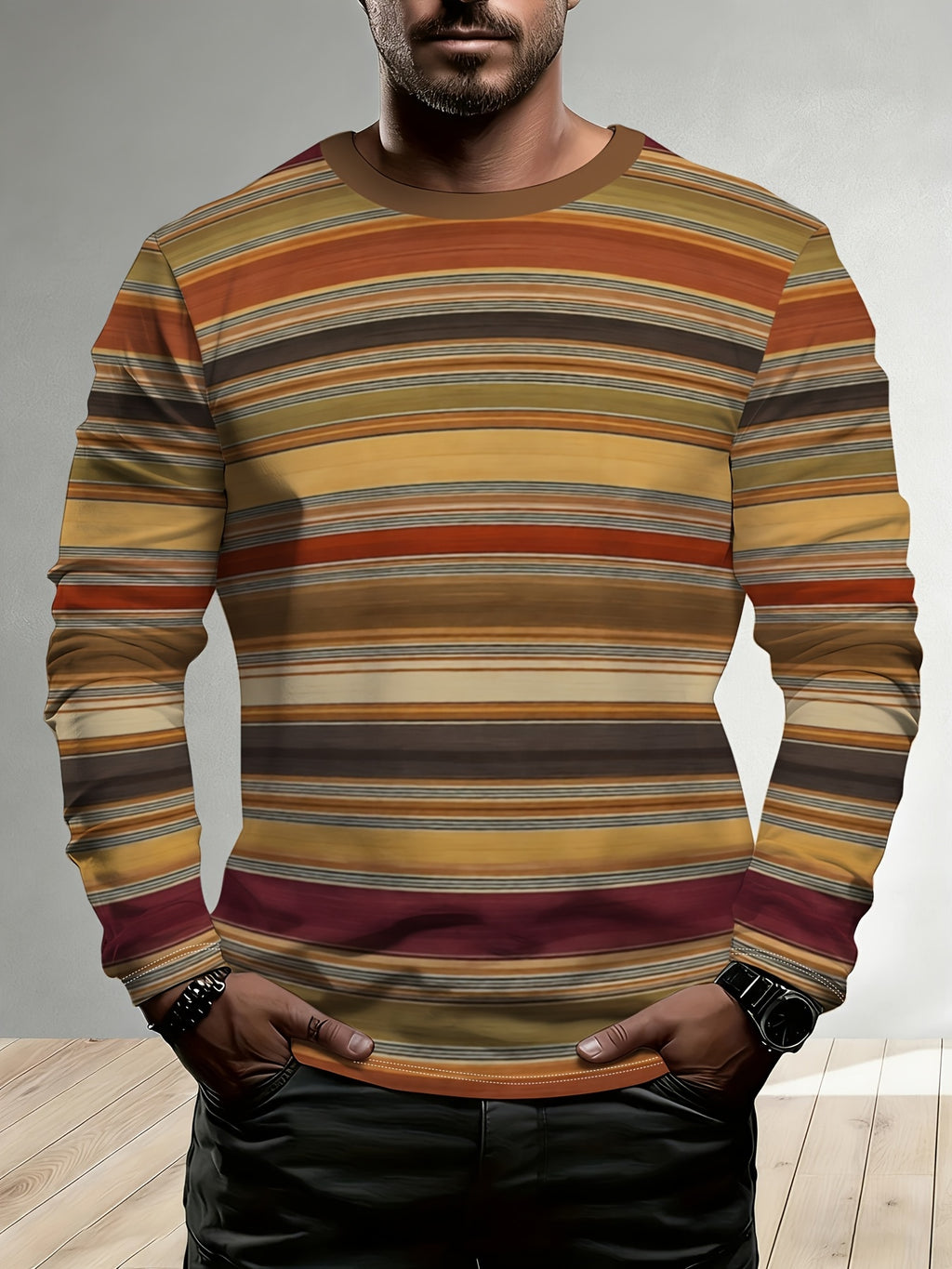 Men'S Casual Athletic T-Shirt, Warm Earth-Tone Striped Design, Comfortable for Daily Wear And Exercise, Fashionable Versatile Style - Mixed colors