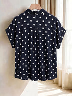 Women'S Elegant Easy Design V-Neck Puff Sleeve Lapel Short Sleeve Summer Shirt - Navy Color