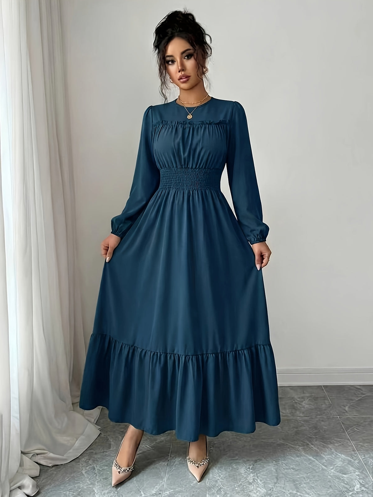 Women's Round Neck Ruffle Bubble Long Sleeve Stretch Elastic Waist Flowy Dress, Solid Color Layered Long Skirt with Tiered Ruffle Hem for a Flowing Drape. Suitable for Daily Outings, Beach Trips, Weekend Getaways, and Casual Dates - Navy blue color
