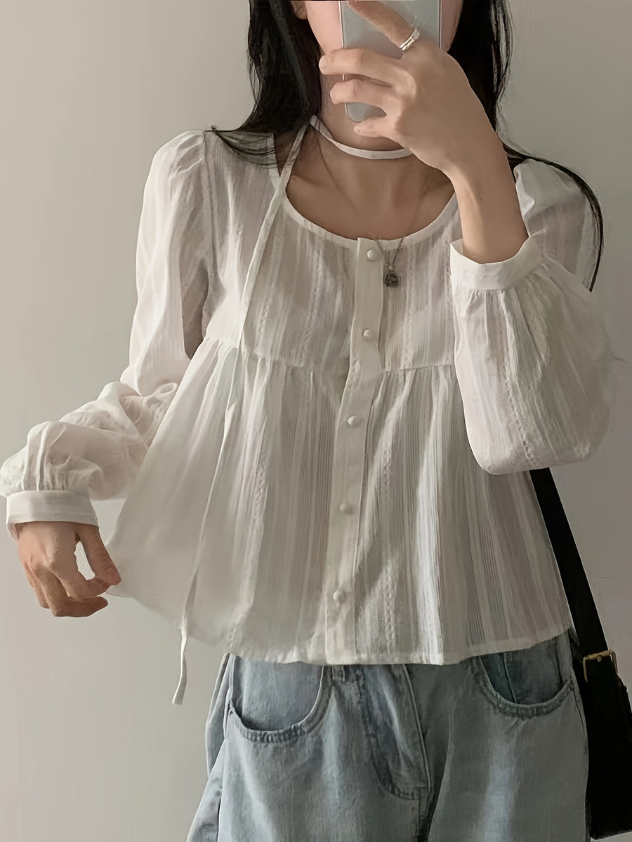 Women's Casual Spring/Summer Vintage Round Neck Loose Bubble Sleeve Long Sleeve Shirt Top - White
