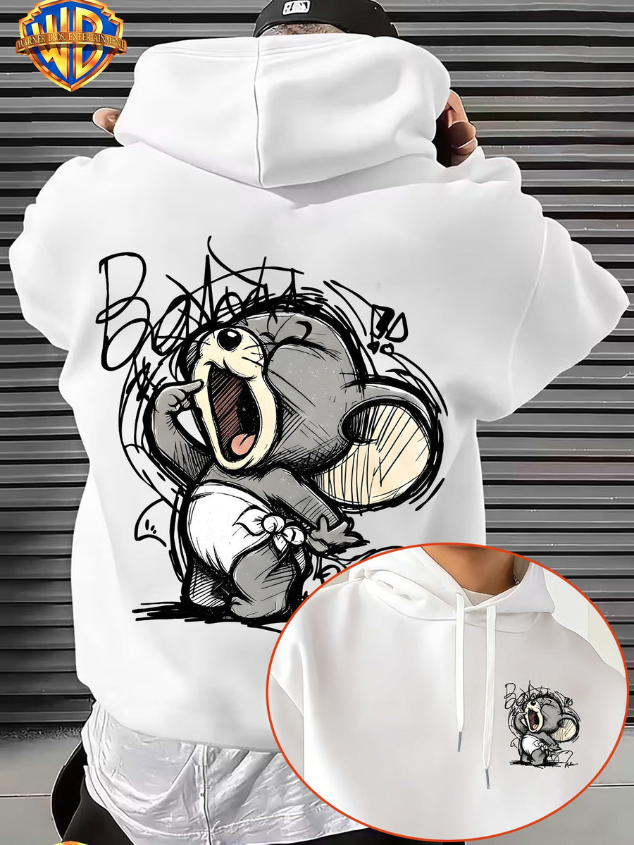Warner Bros. Men's Fashion Hooded Sweatshirt with Cute American-Style Sketch Draft Small Animals, Wide-Mouthed Expressions, and Street-Style Handwritten Graffiti Font Print. Features Sleeve Print Design, Kangaroo Pocket, and Drawstring Hood - White