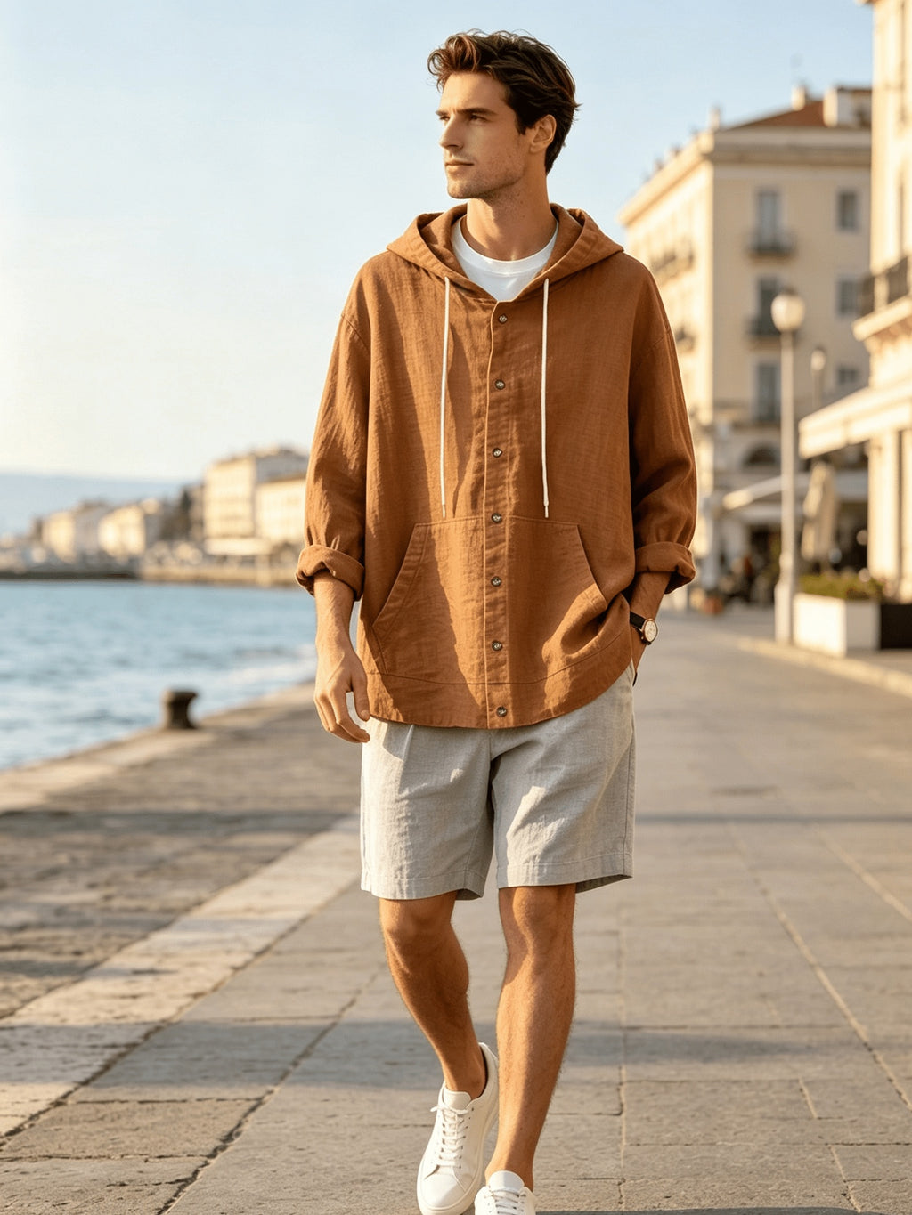 2026 New Men's Hooded Shirt, Soft and Breathable Linen Fabric, for Vacation, Travel, Leisure, Outdoor Fishing, and Beach - Yellowish-brown
