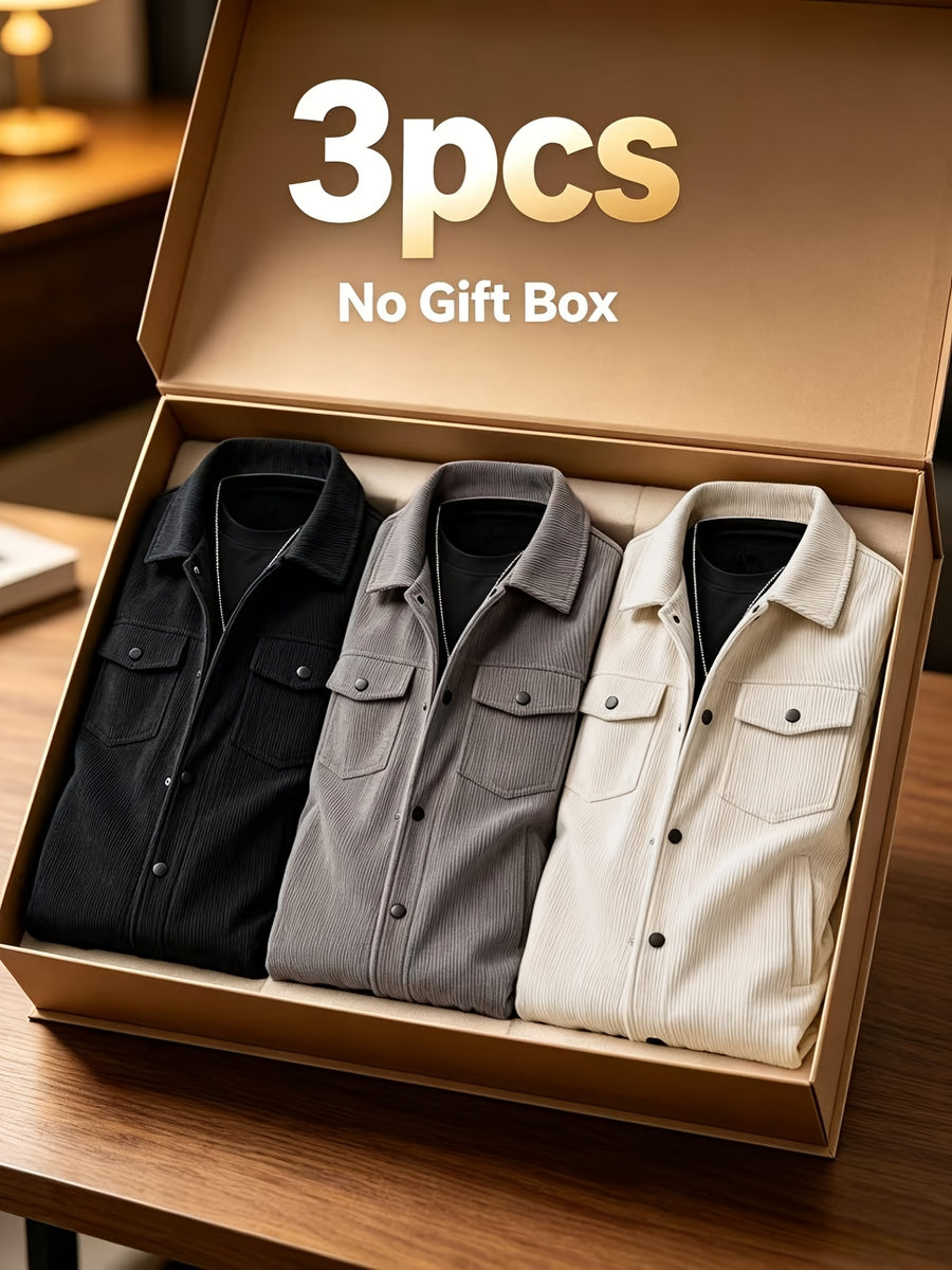 Men'S Spring Autumn Solid Color Long Sleeve Functional Warm Jacket, Corduroy Solid Color Jacket, Lapel Button-Up Design, Fabric Upgrade, Multi-Functional Chest Pockets, Suitable for Casual Daily Wear And Home Wear, Gift Set (3pcs) - Black + Gray + Apricot