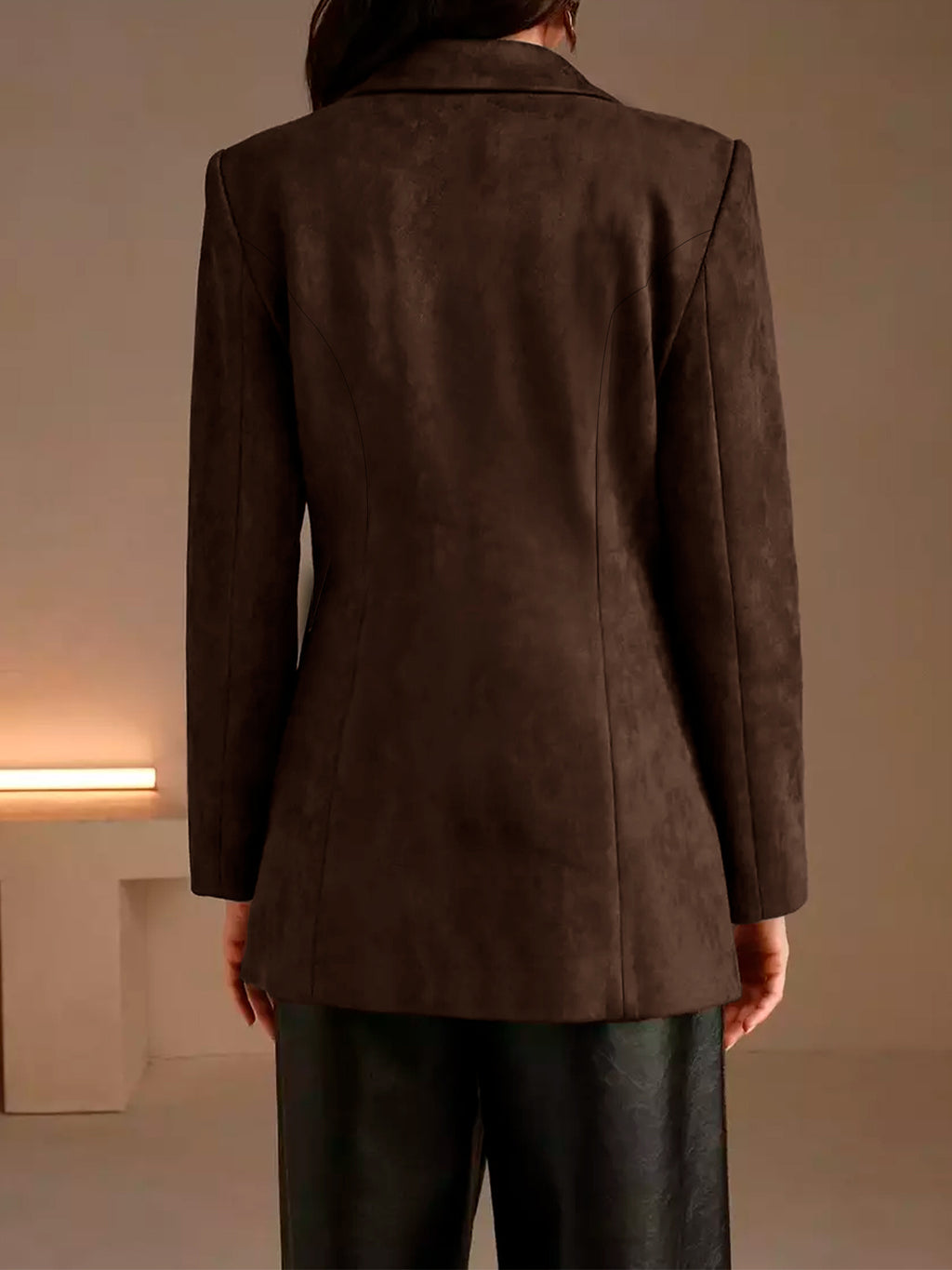 Autumn/Winter Women's Casual Fashionable and Elegant Solid Color Blazer with Lapel, Long Sleeves, Regular Fit, Open Front, Suitable for Daily Casual, Office Commuting, and Important Occasions, Lightweight and Versatile - Coffee Brown