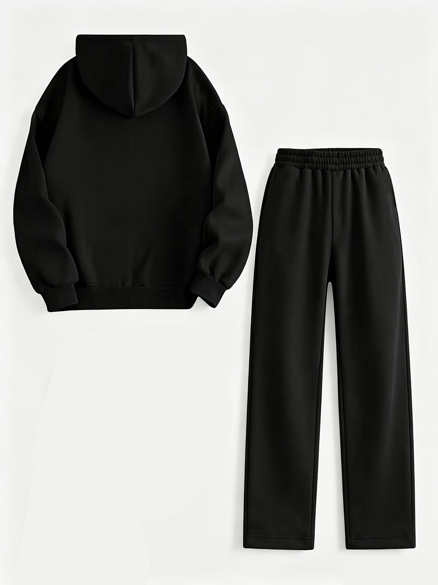 Vintage Floral English Print Hooded Sweatshirt And Wide-Leg Long Pants Set, Cool Side Lettering Design Relaxed Casual Two-Piece Set Western Style Everyday Wear for Women - Black+black