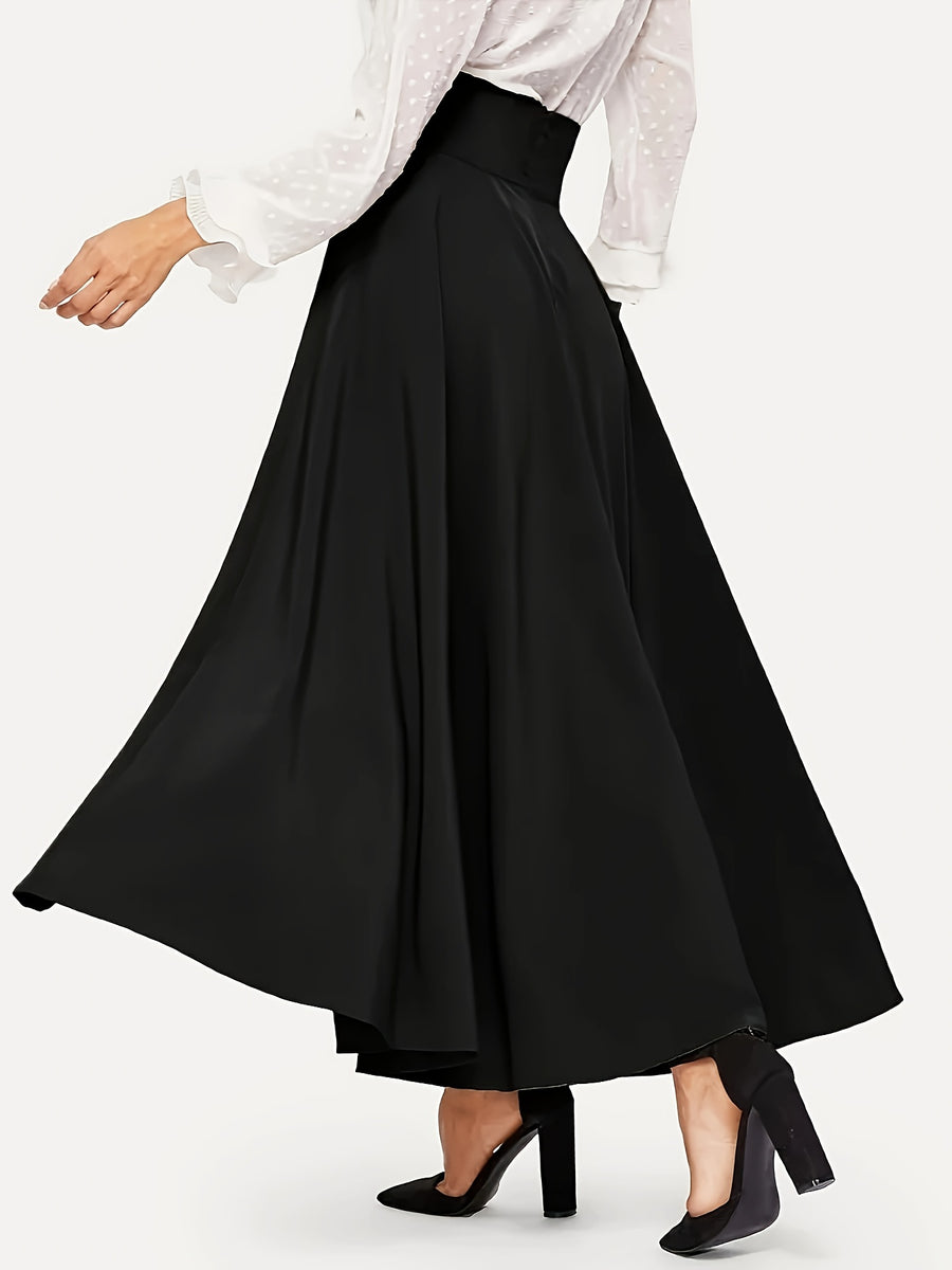 Women'S High-Waisted Midi Skirt, Fashionable And, with Belt, Large Swing, Spring And Summer Mid-Length Vacation Long Skirt - Black