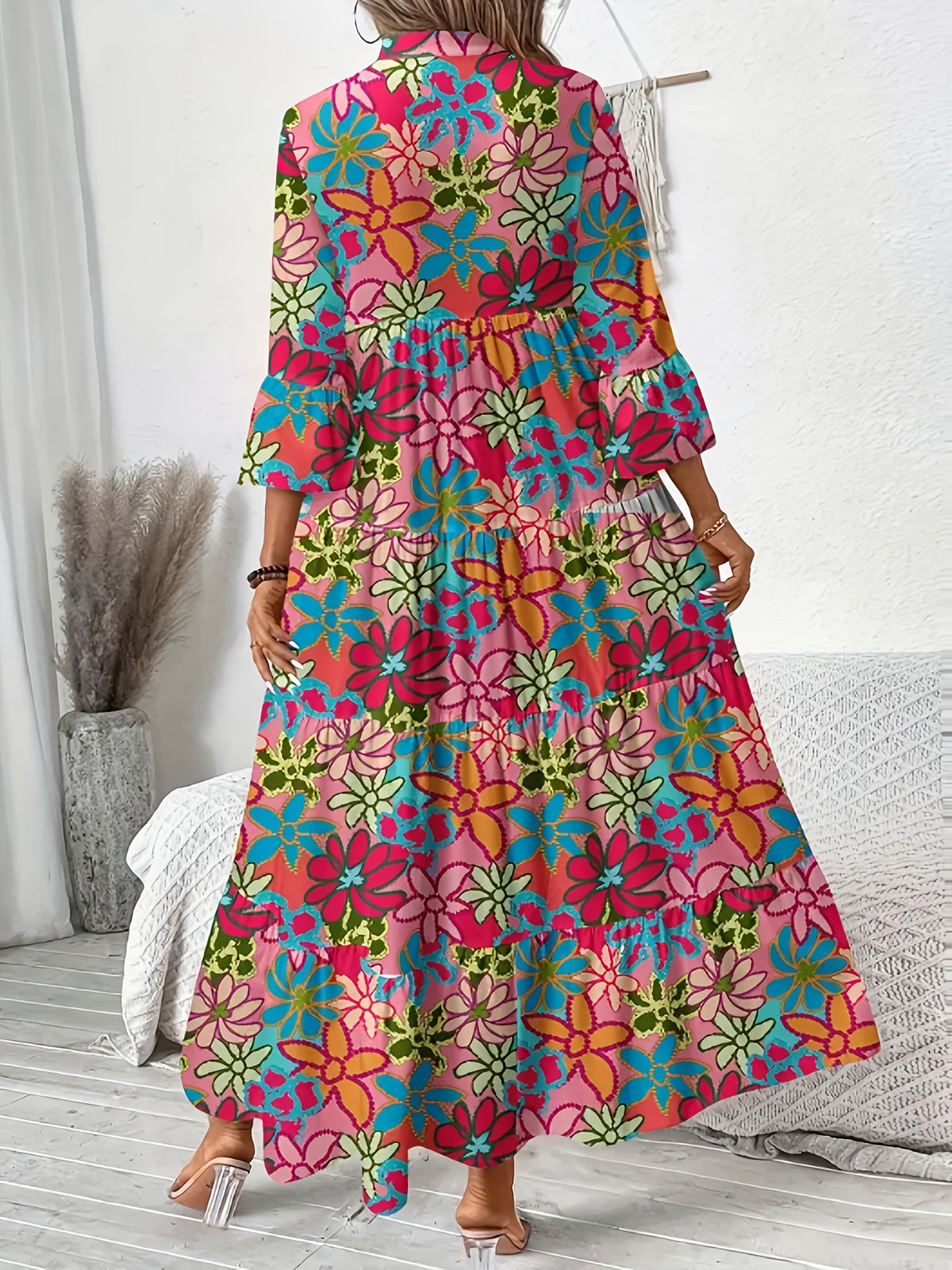 Directional Floral Print V-Neck Pleated Long-Sleeve Dress - Rose Red