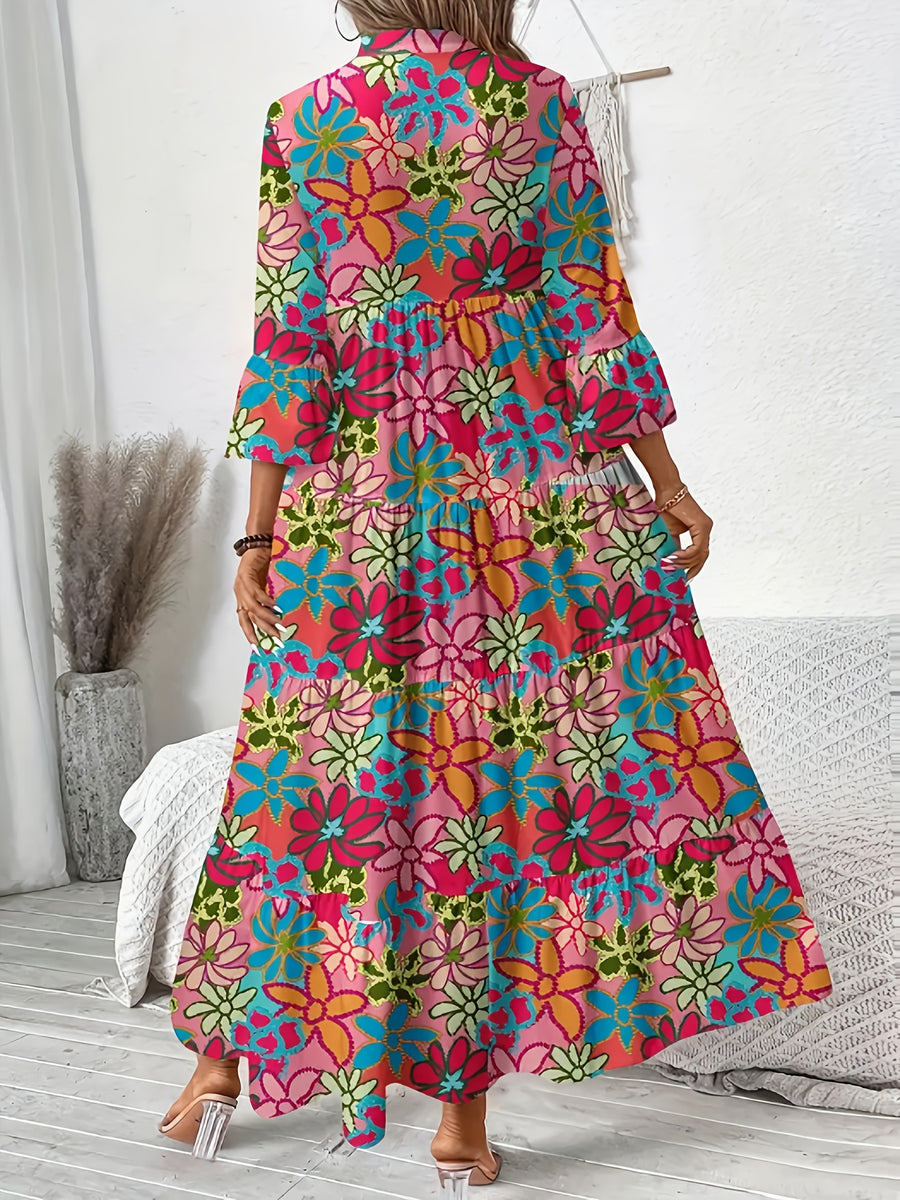 Directional Floral Print V-Neck Pleated Long-Sleeve Dress - Rose Red