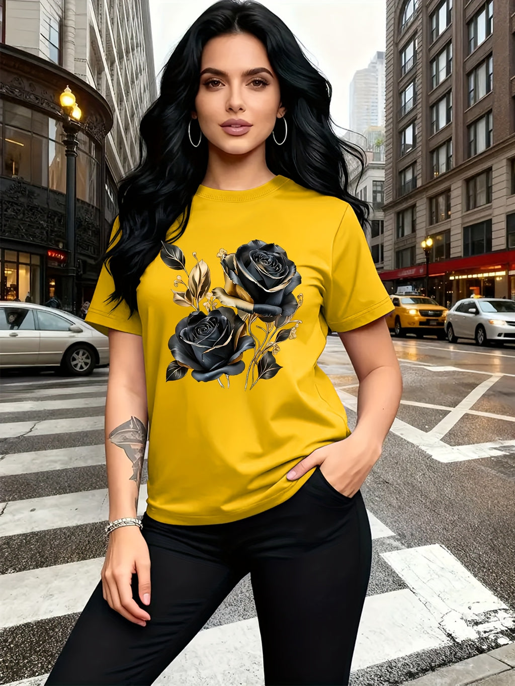 A Stylish And Breathable T-Shirt Featuring a Luxurious Vintage Design with a Black And Golden Rose Pattern, Perfect for Family Trips, Campus Events, Casual, Daily Commutes, Matching Outfits for Sisters, And Versatile Wear - Yellow