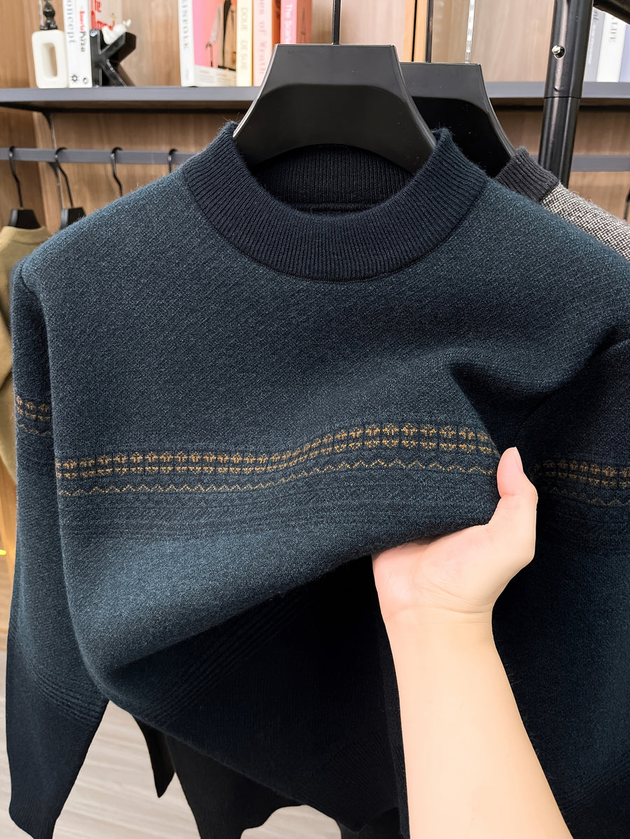 Men's Simple Knit Autumn/Winter Warm Color-Block Versatile Crew Neck Sweater - Dark Green