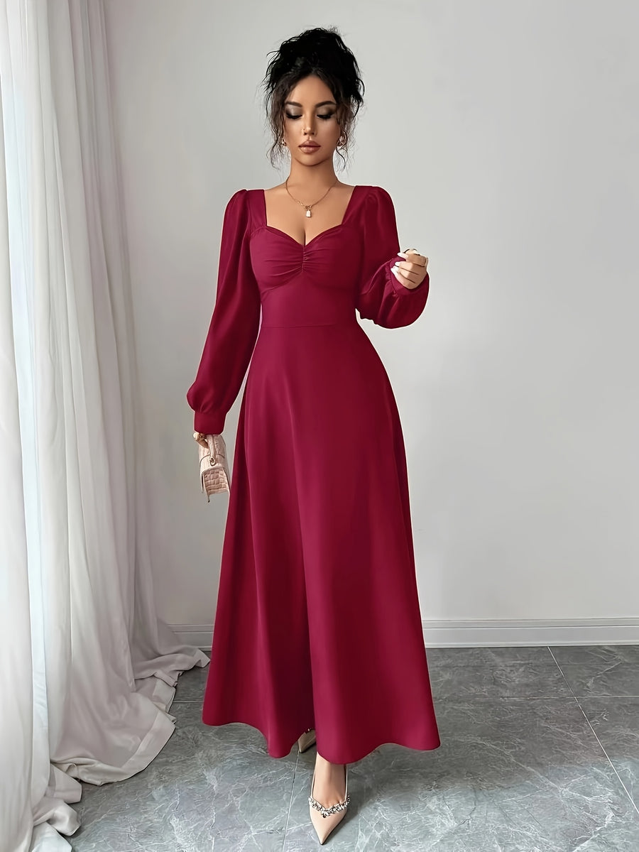 Solid Color Sweetheart Neckline Ruffled Long Dress, Lantern Puff Sleeve Waist-Cinching Flowing A-Line Women'S Dress, Suitable for Wedding Guests, Evening Parties, Office Commute, Dinner Dates, And Casual Outings - Red