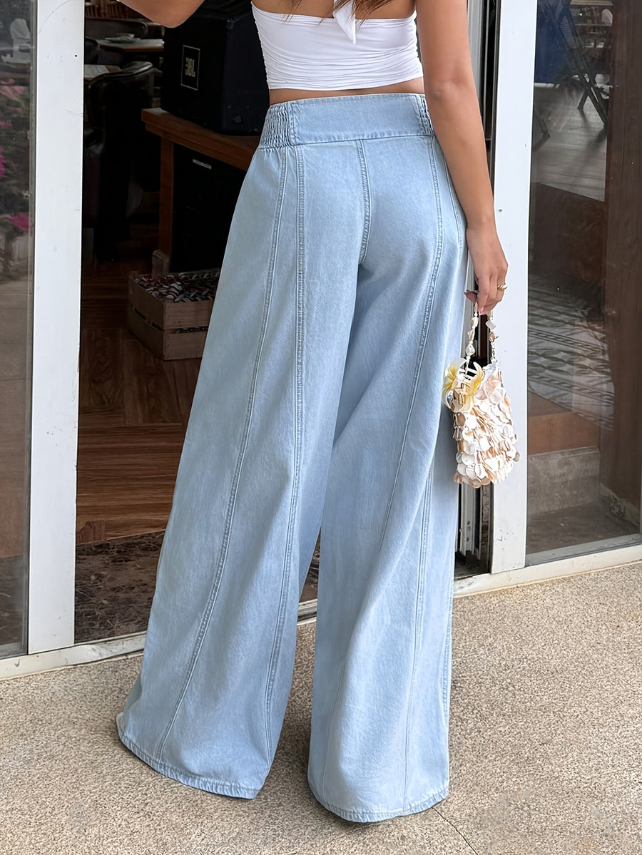 2026 New Women'S Straight-Leg Jeans, Acid-Wash Blue Wide-Leg Trousers, High-Waist Tummy-Control Mom Jeans, Elastic Shirred Casual Pants - Perfect for Travel, Work, And Vacation - Light Blue