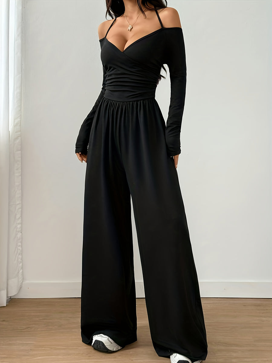 Women's Casual Solid Color Long Sleeve Halter Neck Off-Shoulder Wide Leg Jumpsuit - Black