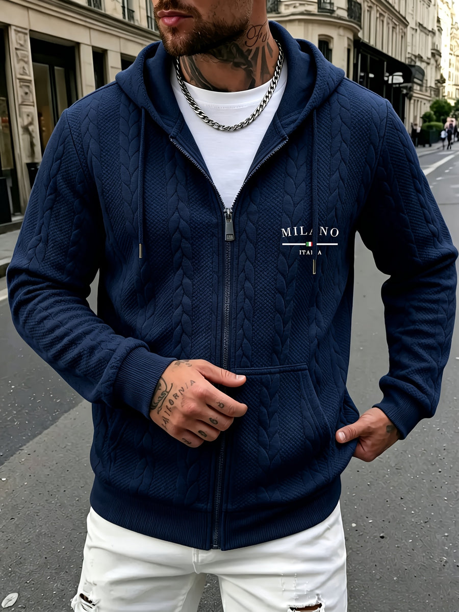 Autumn Winter Men'S Thick Jacquard Long Sleeve Cardigan Hoodie, Comfortable Warm Fabric with Trendy Print, Suitable for Daily Outings, Outdoor Sports, Travel, And Vacation, Lightweight Comfortable Regular Fit, Ideal for Beach, Hiking, Evening Wear - Navy Color