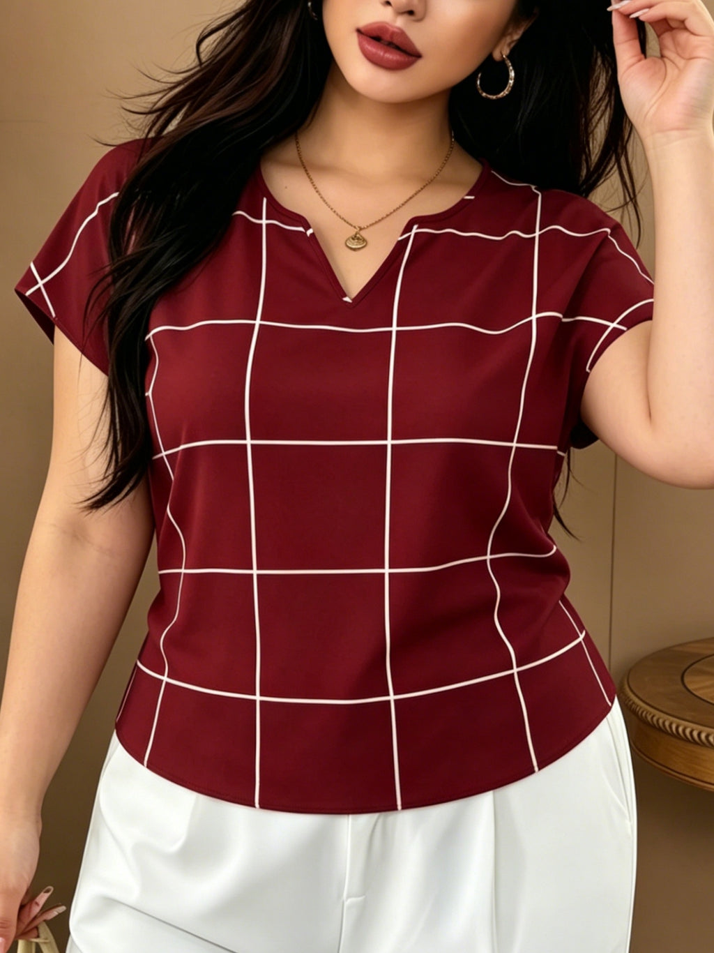 Large Plaid V-Neck Batwing Sleeve Short-Sleeved Chiffon Shirt, Minimalist Commuter Style Shirt, Versatile Temperament Top, Minimalist Commuter Style, French Relaxed Style - Red Grid