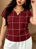 Large Plaid V-Neck Batwing Sleeve Short-Sleeved Chiffon Shirt, Minimalist Commuter Style Shirt, Versatile Temperament Top, Minimalist Commuter Style, French Relaxed Style - Red Grid