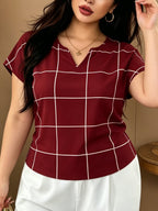 Large Plaid V-Neck Batwing Sleeve Short-Sleeved Chiffon Shirt, Minimalist Commuter Style Shirt, Versatile Temperament Top, Minimalist Commuter Style, French Relaxed Style - Red Grid