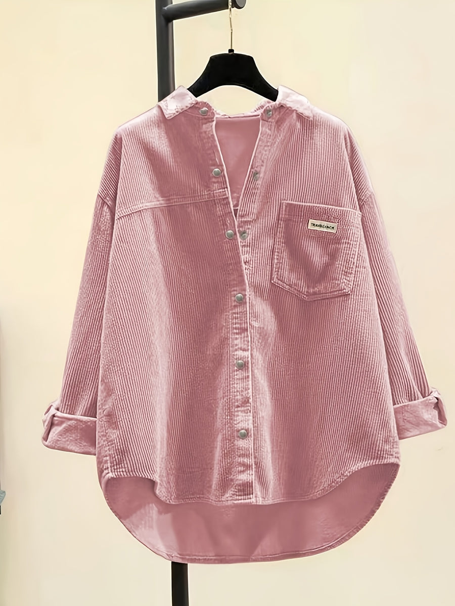 Elegant Women'S Long Sleeve Casual Shirt, Pink Corduroy Blouse, Loose Cargo Style Shirt, Early Autumn Versatile Cardigan, Casual Top - Pink Color