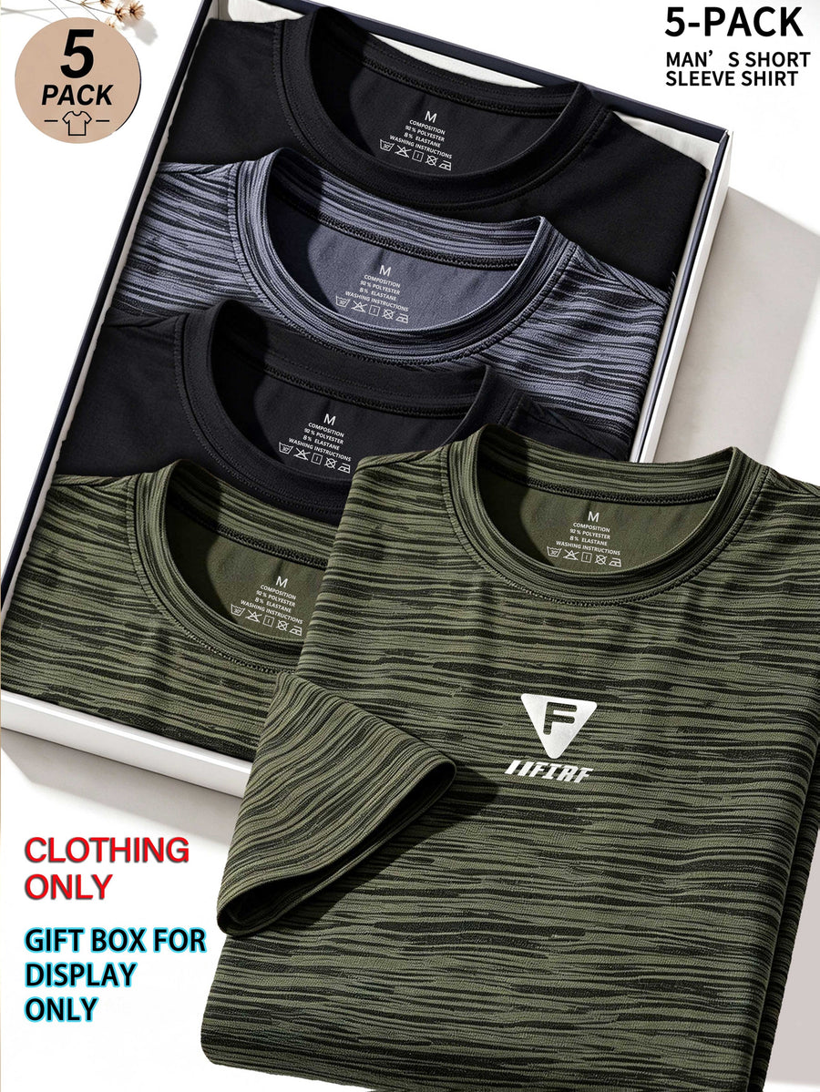 5pcs Men's Sports & Fitness Breathable Quick-Dry T-Shirts, Outdoor Travel Casual Running Printed Short-Sleeve Tees, Easy to Clean and Maintain, Lightweight T-Shirts for Daily Leisure and Gatherings, Classic Crew Neck Shirts - Army Green + Army Green + Black + Light Gray + Black