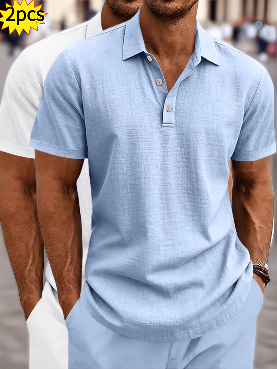 2pcs Summer Cooling Linen Polo Shirt Set, Men'S Breathable Solid Casual Shirts - Sky Blue+White
