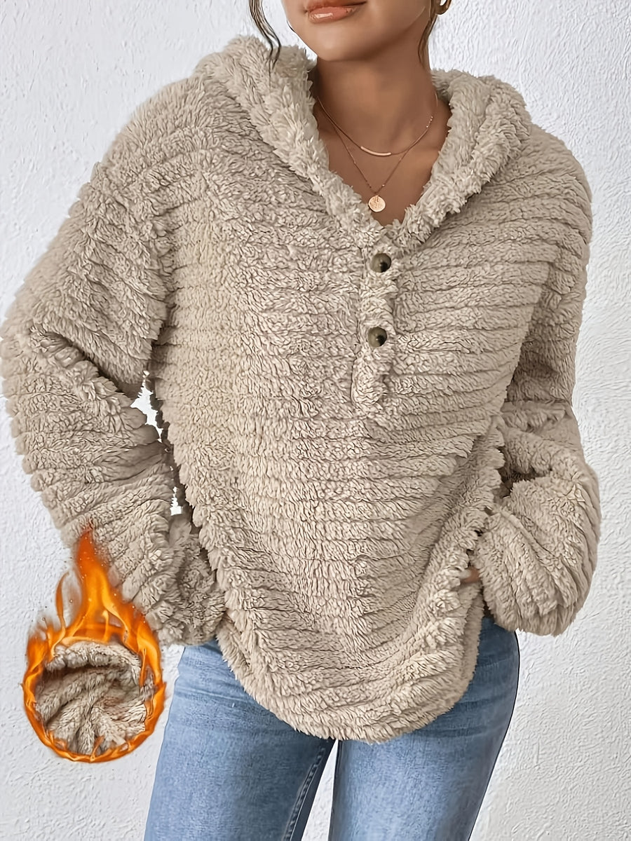 Women's Casual Hooded Plush Sweatshirt, New Autumn/Winter Collection, -Lined Warm Outerwear, Solid Color - Apricot