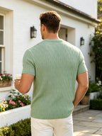 [Villa Le Water OBM] Back to School Season Summer New Men'S Checkered Wavy Texture Short Sleeve T-Shirt Soft Breathable Solid Color Round Neck Casual Commute T-Shirt Old Money Light Mature Style Bean Green Textured All-Match Casual Short Sleeve Top - Pea Green Color