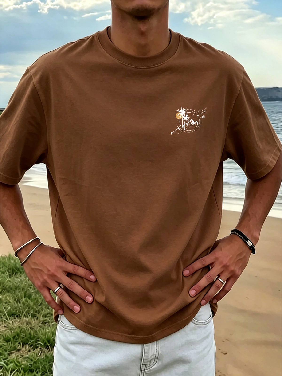 New Men's 100% Pure Cotton T-Shirt with Surfboard, Coconut Tree, and Sun Print, Comfortable and Breathable for Summer Casual Beach Vacations - Coffee Brown