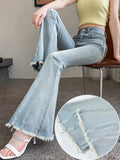 High-Waist Slight Flared Jeans, Light Wash Denim, Frayed Hem with Tassels, Stretch Slim Fit, Tummy Control And Lift, Double-Button Back Waist, Distressed Holes And Whiskers, Floor-Length Trousers, Petite Size, Plus Size Versatile - Light Blue