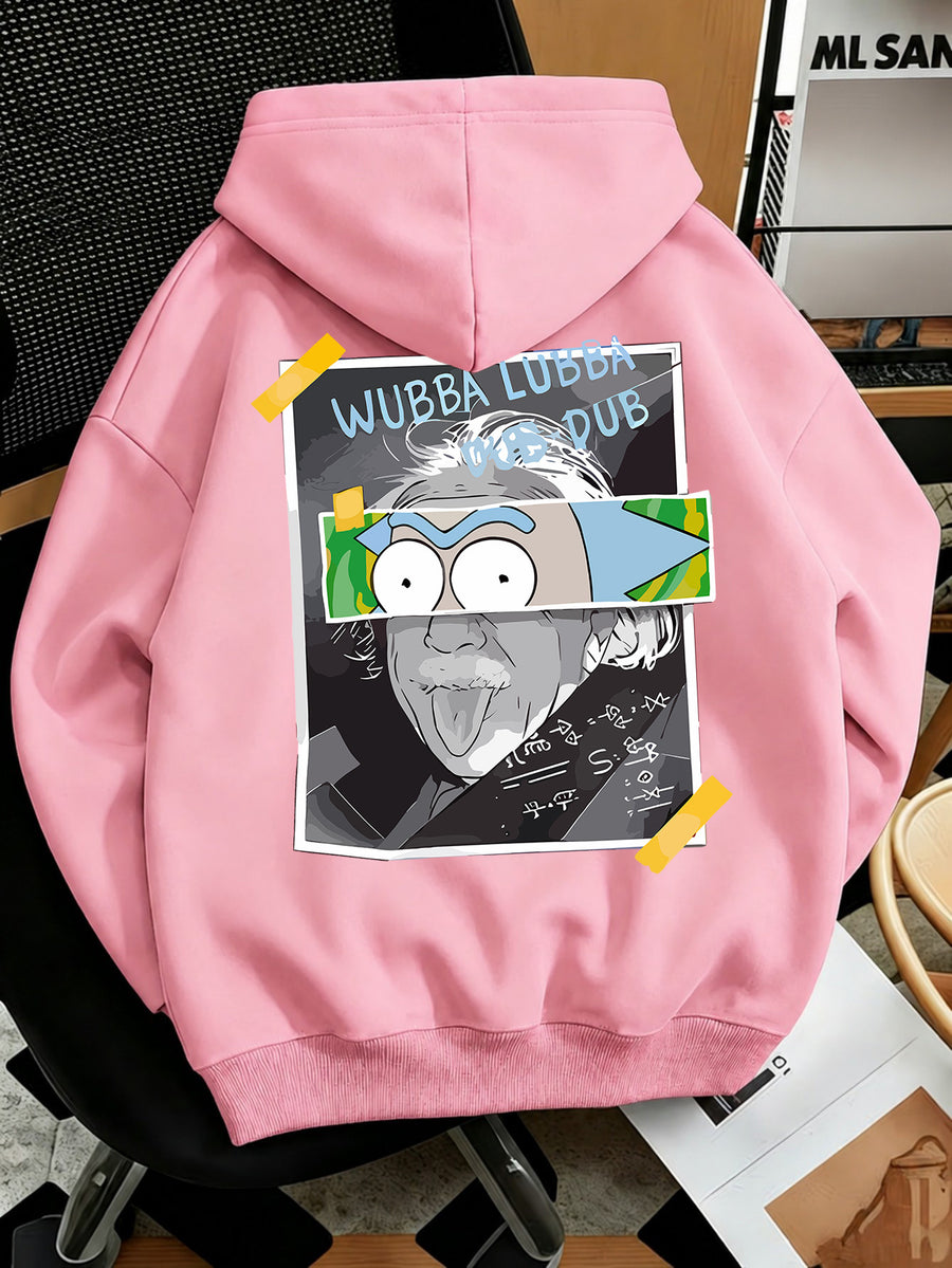 Warner Bros Official Men's Fashion Sweatshirt, Rick's Classic Catchphrase Collage Einstein Polaroid Print Design, Men's Fashion Hoodie Loose Fit with Adjustable Drawstring, -Lined Sweatshirt for Comfortable Fall/Winter Wear, Outdoor Sports Casual - Pink