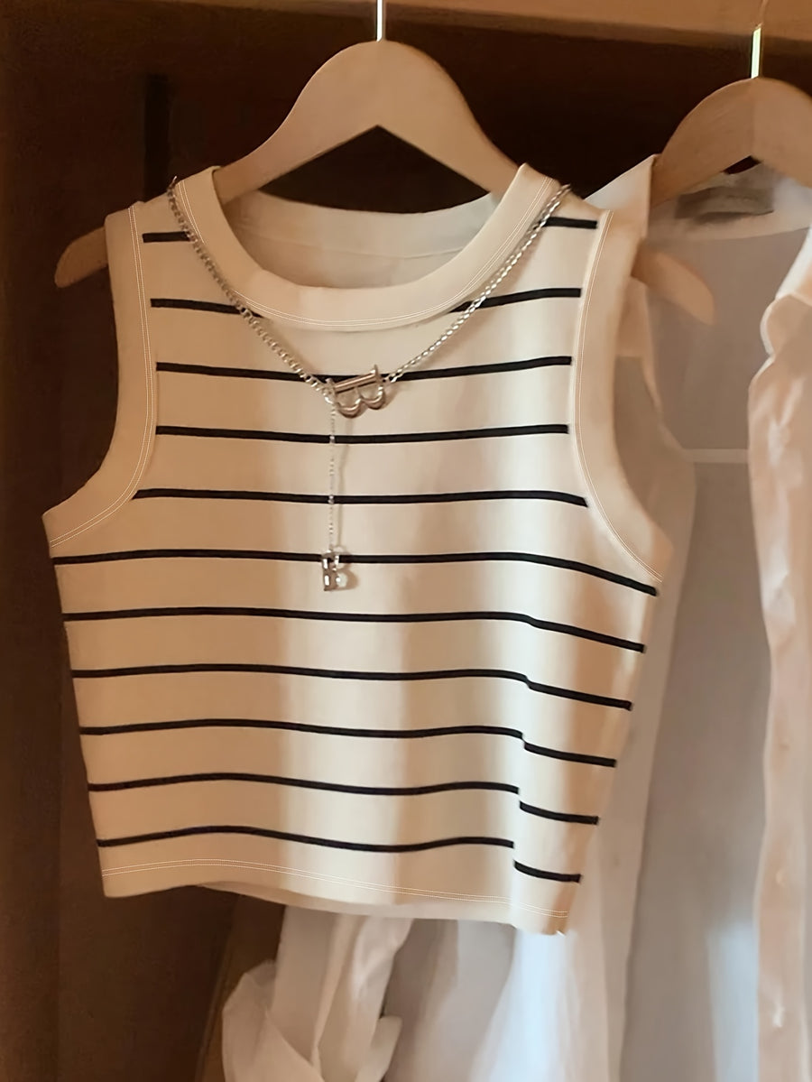 Fashion Women'S Striped Round Neck Casual Versatile Vest - Mixed colors