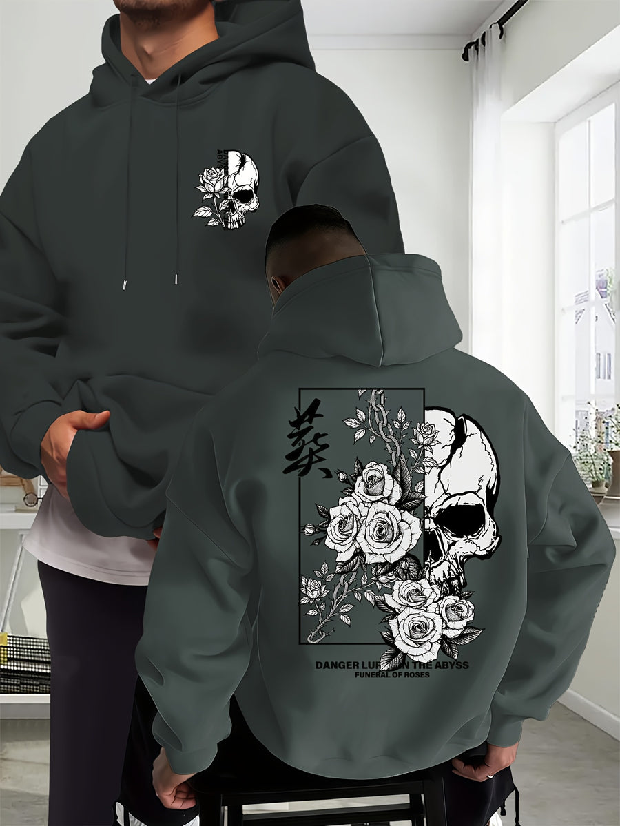New Trendy Men'S Autumn And Winter Hooded Sweatshirt, Casual Everyday Drawstring Hoodie with Creative Design Print, Kangaroo Pouch Front Pocket, Unisex Tops - Dark Gray