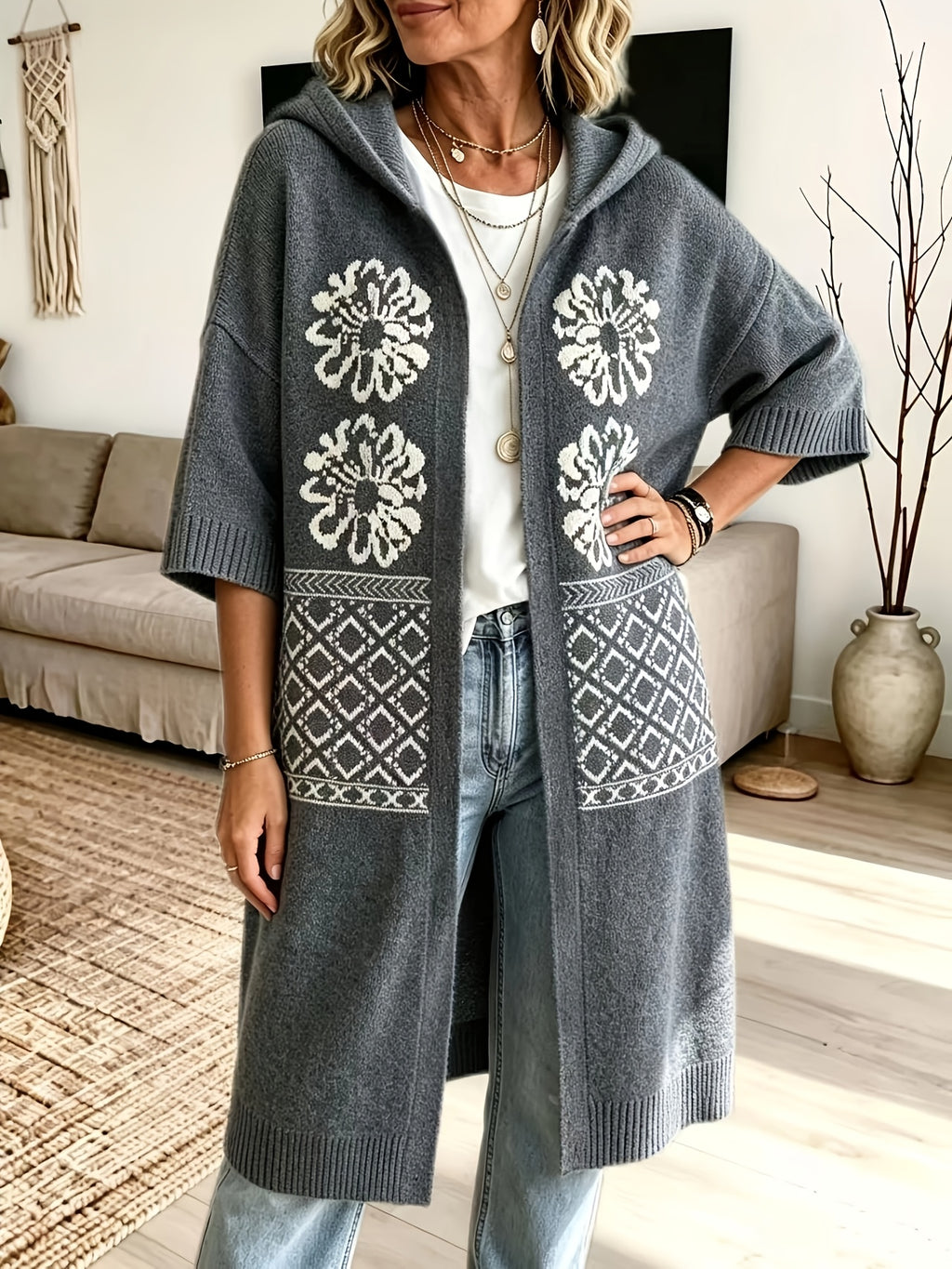 Plus Size - Women'S Elegant Fair Isle Sweater Hooded Long Coat, Suitable for Autumn And Winter, Loose Fit Women'S Long Hooded Jacket, Casual Wear, Festive Wear, And Commute Wear, Christmas Women'S Sweater Coat, Suitable for Curvy Women - Grey
