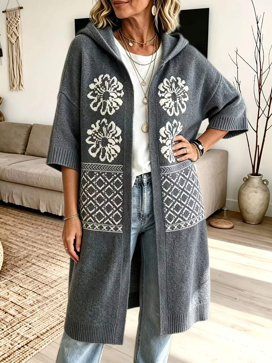 Plus Size - Women'S Elegant Fair Isle Sweater Hooded Long Coat, Suitable for Autumn And Winter, Loose Fit Women'S Long Hooded Jacket, Casual Wear, Festive Wear, And Commute Wear, Christmas Women'S Sweater Coat, Suitable for Curvy Women - Grey