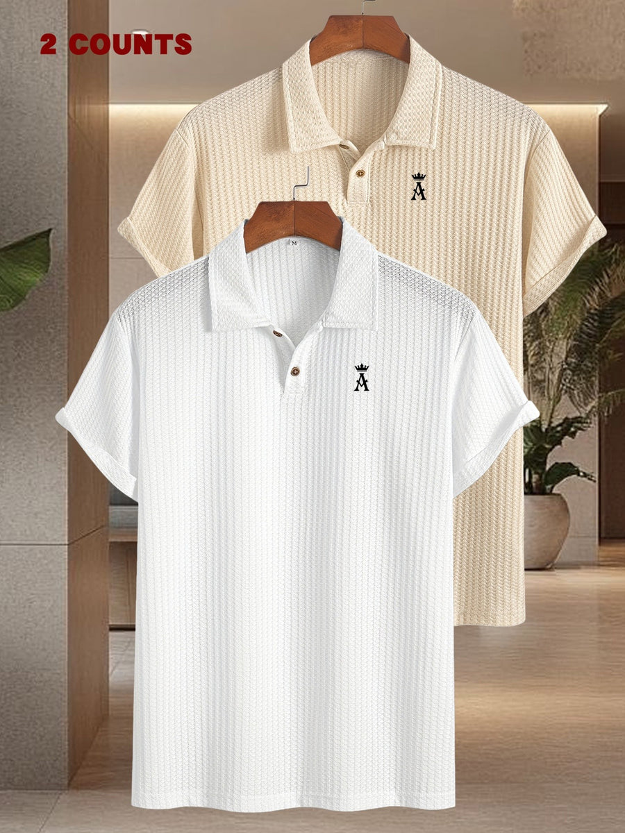 2pcs Set Men'S Textured Jacquard Short Sleeve POLO Shirts | Casual Comfortable Knit with Lapel Collar, Medium Stretch Fabric, Geometric Pattern, Button Details - White+Khaki