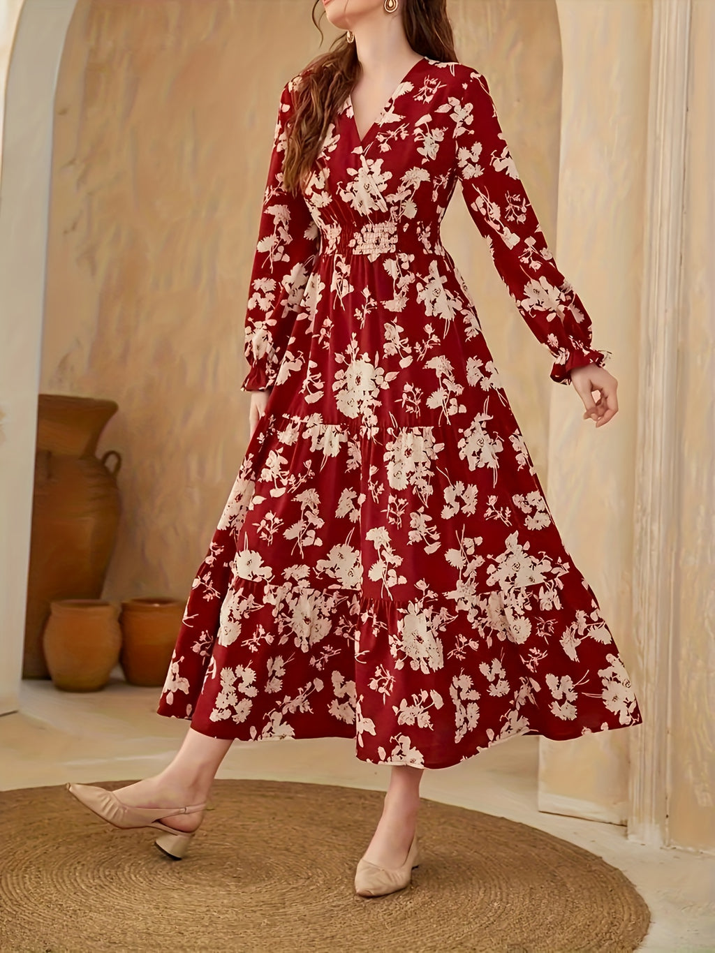 Floral Print Ruffled Dress with Flounce Sleeves and Hem - Multicolor