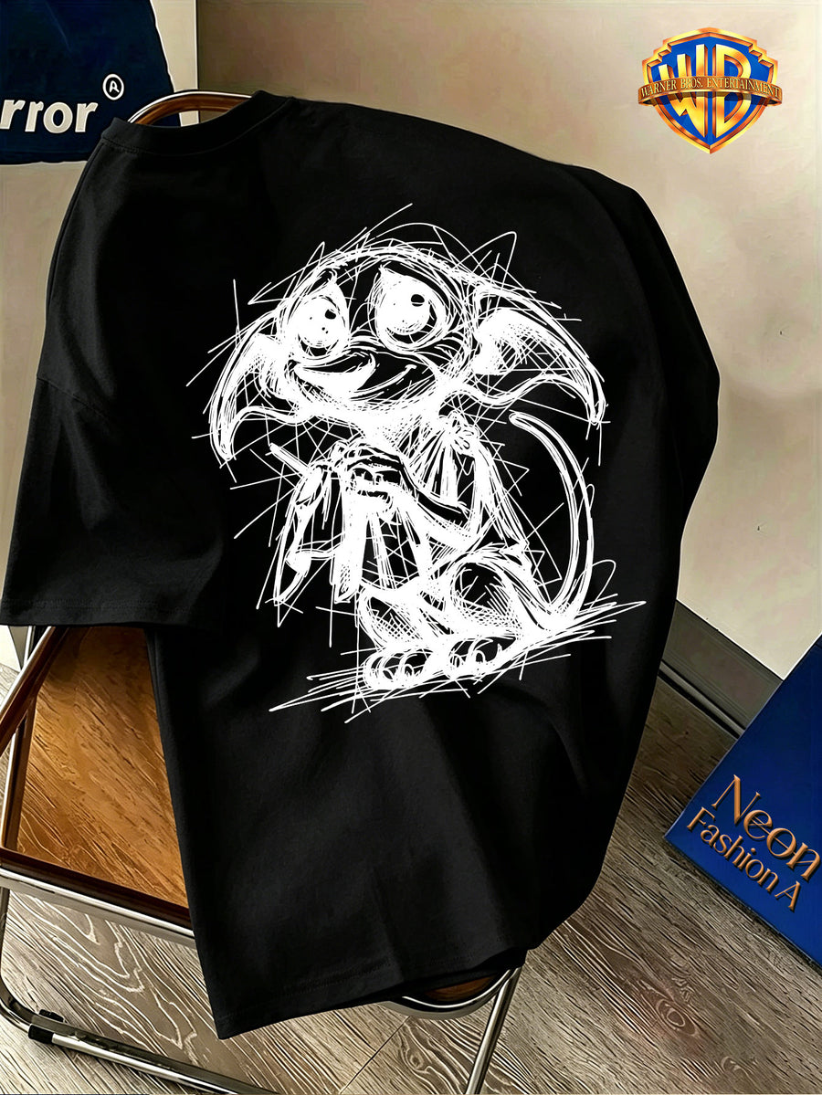 Halloween Back-to-School Season Men's Pure Short-Sleeve T-Shirt, Officially Licensed Warner Bros. Doodle Line Art Dobby Print, Versatile Casual Spring/Summer Regular Fit Top, Breathable and Skin-Friendly, Suitable for Daily Outings, Outdoor Leisure - Black