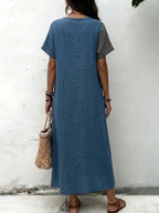 Plus Size, Bohemian Color-Block Vacation Style Patchwork Maxi Dress, V-Neck Loose Fit Fashionable Vintage Plus Size Dress - Dark Gray